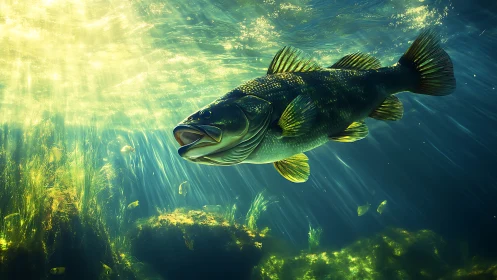 Large underwater fish illuminated by angled sunlight rays