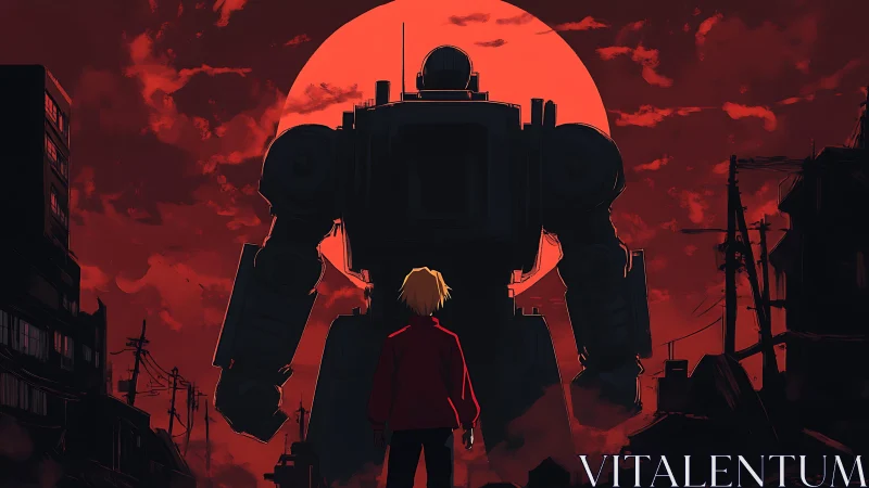 Silhouetted boy faces towering robot against red sun