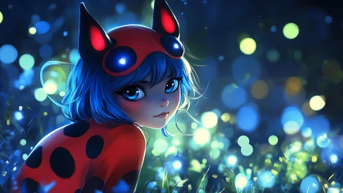 Blue haired girl in ladybug suit amid glowing night field.