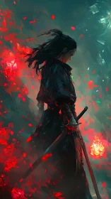 Lone swordmaster stands amid burning crimson embers