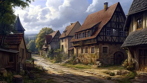 Medieval stone village street under soft afternoon light.