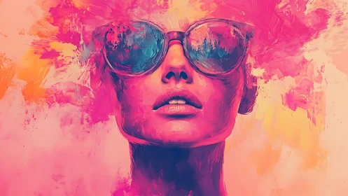 Bold digital portrait of woman in sunglasses with neon colors.