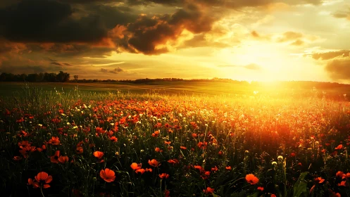 Golden sunset over a wildflower meadow in warm bloom.