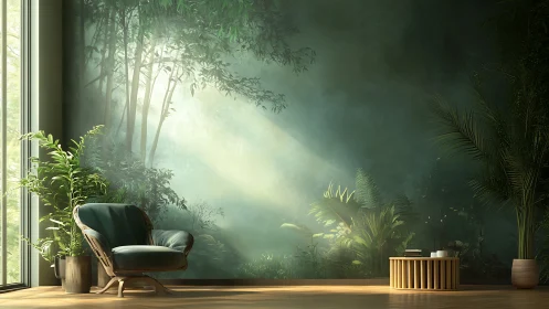 Calm living room with jungle mural and soft daylight.