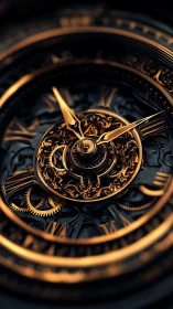 Close-up view of ornate metallic clockwork dial face.