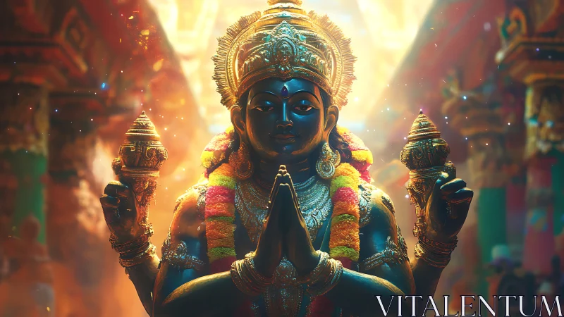 Radiant temple deity bathed in golden morning light.