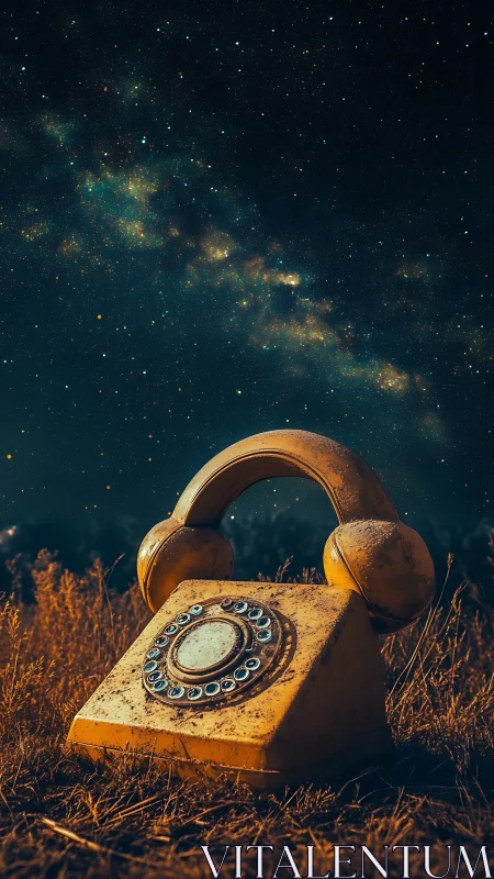 Vintage desert telephone under luminous starry galaxy sky.