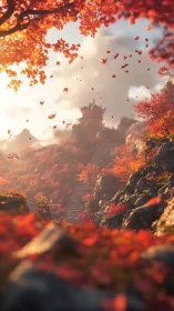 Scarlet leaves whirl toward a misty mountain temple at dusk