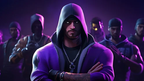 Hooded gang leader stands defiant in neon-lit purple glow