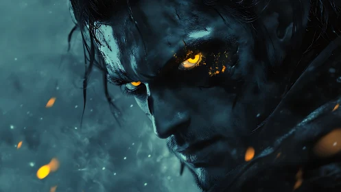 Fierce warrior with burning eyes in a storm of embers.