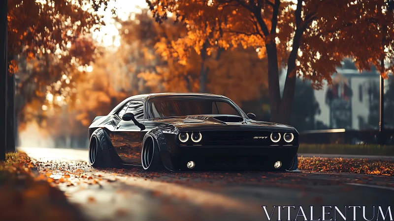 Widebody muscle car in autumn alley with cinematic bokeh lighting