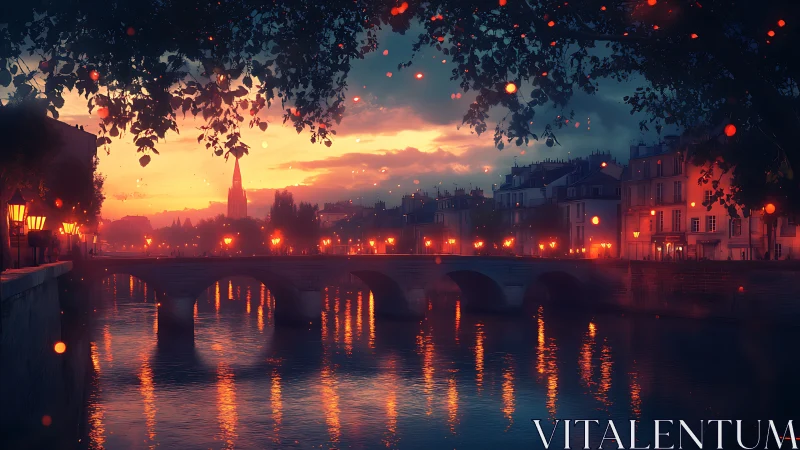 Urban river bridge at dusk with illuminated waterfront lights.