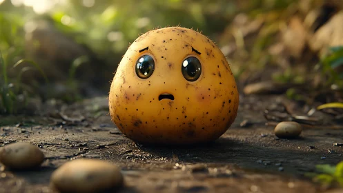 Anthropomorphic potato character on forest floor surface.