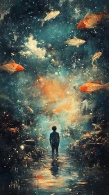 Solitary figure in reflective water under cosmic fishscape.