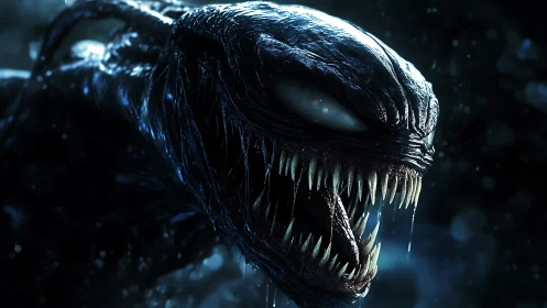 Ferocious alien creature roars with dripping fanged jaws