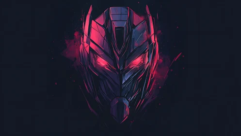 Angular cybernetic helmet portrait with magenta neon cores