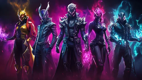 Neon-lit armored sorcerer squad with chromatic elemental auras