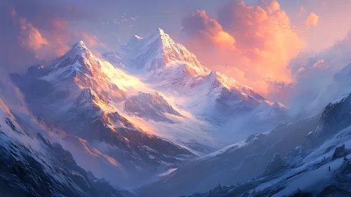 Sunlit snow giants under ember-cloud skies at dawn.