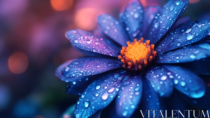 Blue Daisy with Orange Center in Water Droplets.