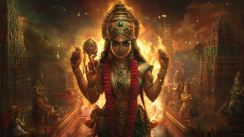 Divine warrior goddess strides through firelit temple dreams