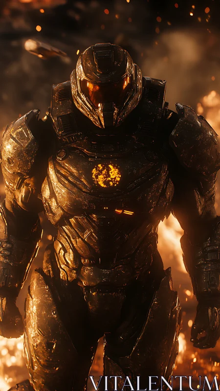 Armored sci fi soldier walking through intense fiery battlefield.