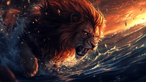 Roaring lion emerges through turbulent ocean under dramatic firelight