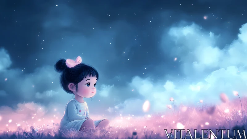 Dreamy night meadow with contemplative child under starfield
