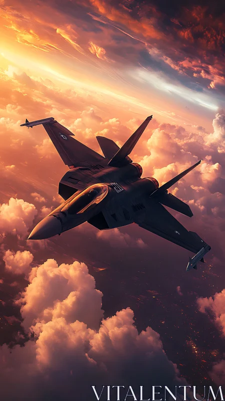 Jet fighter skimming sunset clouds in glowing sky.