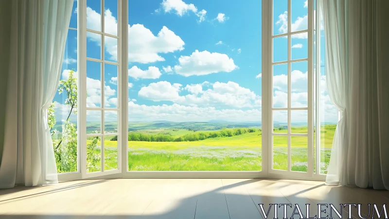 Bright open window framing green meadow and blue sky.