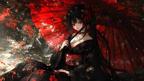 Red-eyed geisha under parasol rendered in dramatic anime style