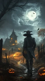 Lone figure approaches haunted cottage under dramatic moonlit sky