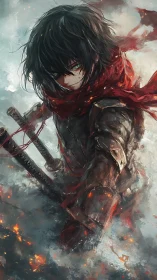 Sword-wielding warrior in red scarf amid burning snowstorm.