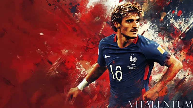 Dynamic French footballer sprints through abstract red paint