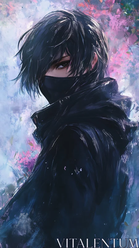 Masked noir wanderer in iridescent brush-textured haze.