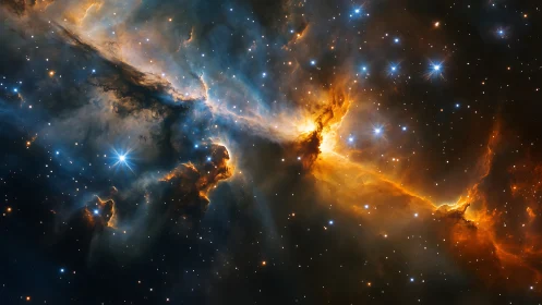 Star-forming nebula region with dust clouds and bright stars.