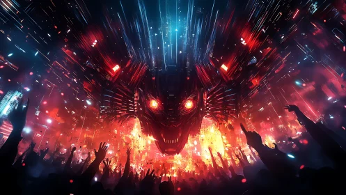 Futuristic digital dragon above dense concert crowd scene.