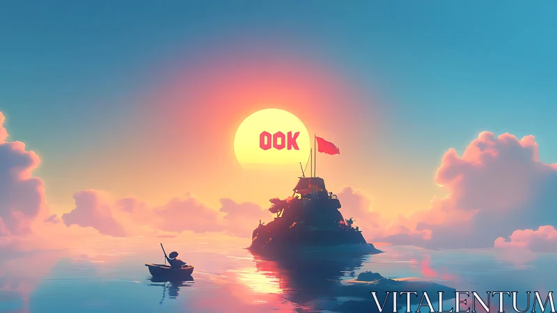 Solitary Navigator Approaching Summit Isle Under Luminescent Celestial Sphere.