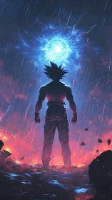 Silhouetted fighter under glowing storm energy sphere.