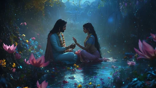 Divine lovers share a moonlit moment in a lotus sanctuary.