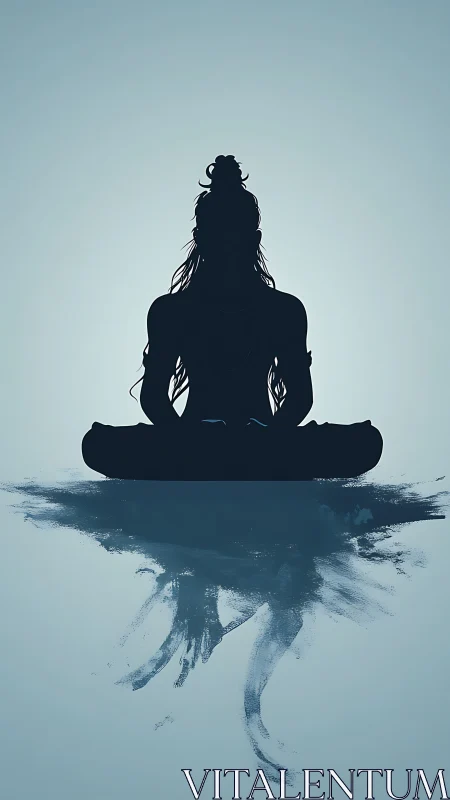 Silhouette yogi in lotus over abstract reflected ink wash.
