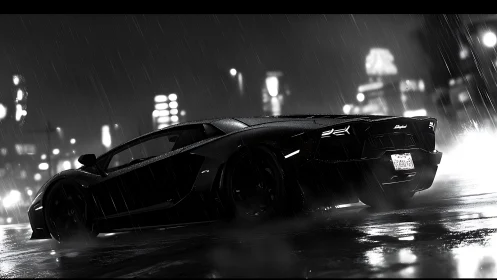 Midnight supercar cuts through neon rain on wet city streets.
