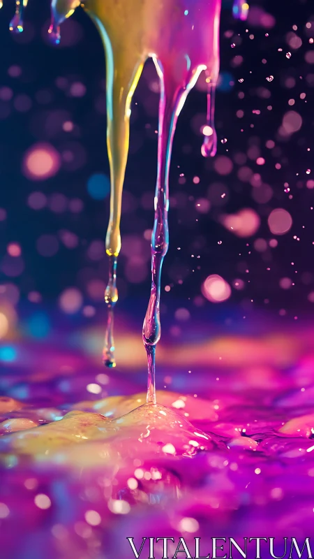 Multicolored liquid drips suspended above reflective surface.