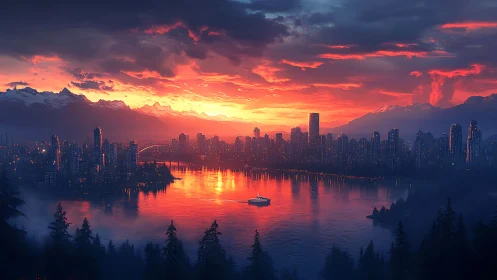 High dynamic range sunset cityscape over reflective harbor waters