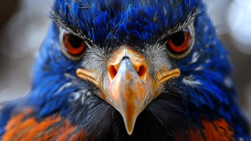 Intense close-up of a blue and orange bird with sharp details.