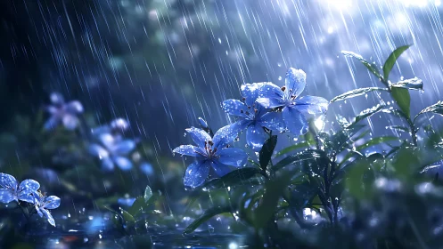 Blue Flowers Dancing in the Rain with Gentle Grace