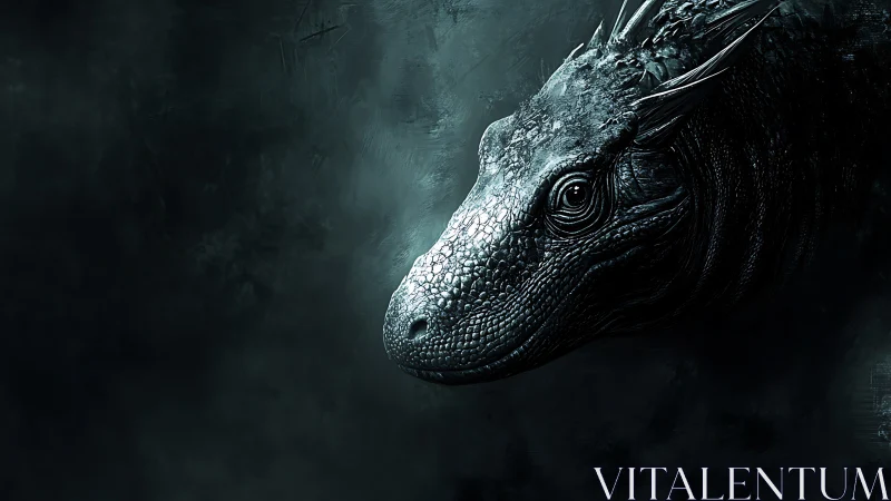 Mysterious dragon portrait glowing from deep shadowed mist.