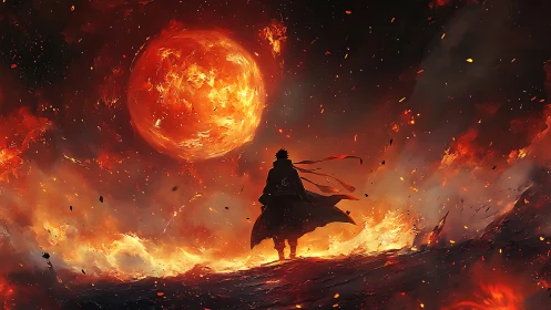 Lone ember mage beneath a roaring apocalyptic sun of fire.