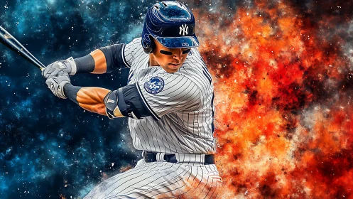 Digital baseball slugger over explosive abstract backdrop.