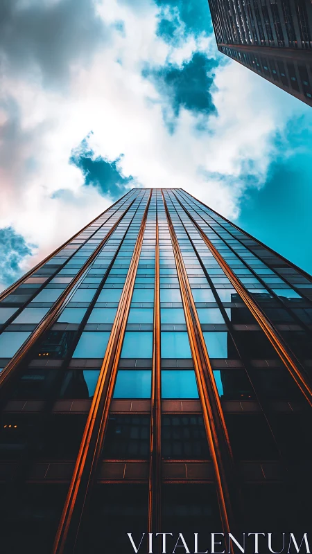 Vertical glass skyscraper with cyan-orange tonal contrast.