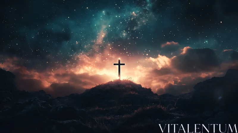 Lone hilltop cross glowing softly beneath a starlit sky.